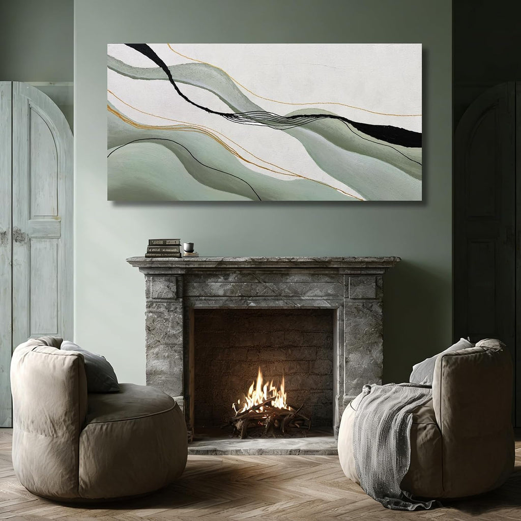 Green White Black Abstract Canvas Wall Art, Large Abstract Wall Decor for Living Room, Modern Wall Art Print for Bedroom Office, 24X48 Inch