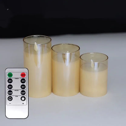 USB Rechargeable LED Flameless Pillar Candle Set Flickering Moving Wick Paraffin Real Wax Remote Controlled W/Timer Glass Lights