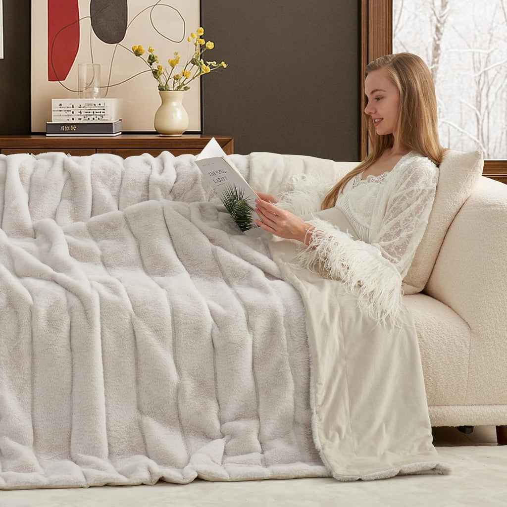 Deluxe Sheared Rabbit Faux Fur Throw Blanket, Soft Fuzzy High-Low Sculpted Plush Blanket for Couch, Cozy Home Accent, All Season Use, Beige 50"X60"