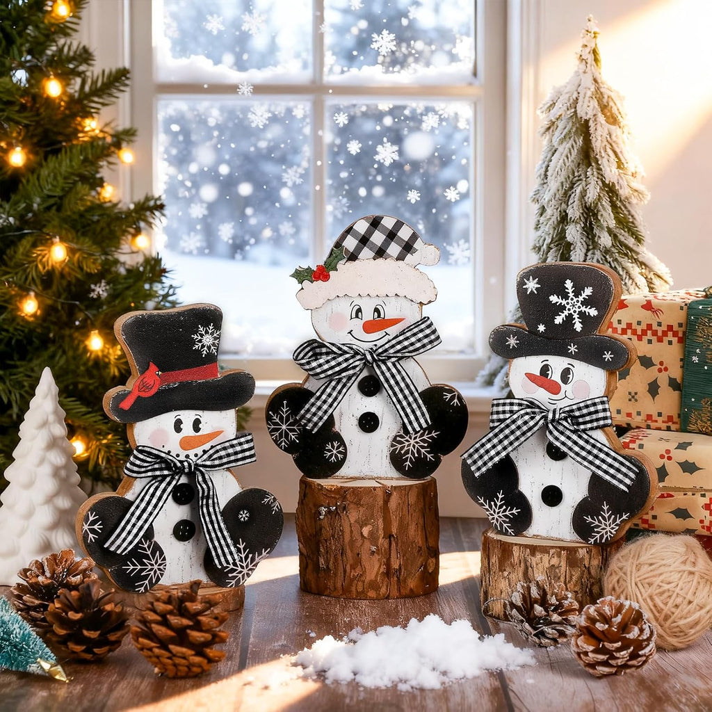 3 Pcs Christmas Wood Centerpieces for Tables Wooden Snowman Table Decor Rustic Merry Xmas Tabletop Signs Block Winter Desktop Decorations Indoor Tiered Tray Office Desk Shelf Home Mantel Holiday Party