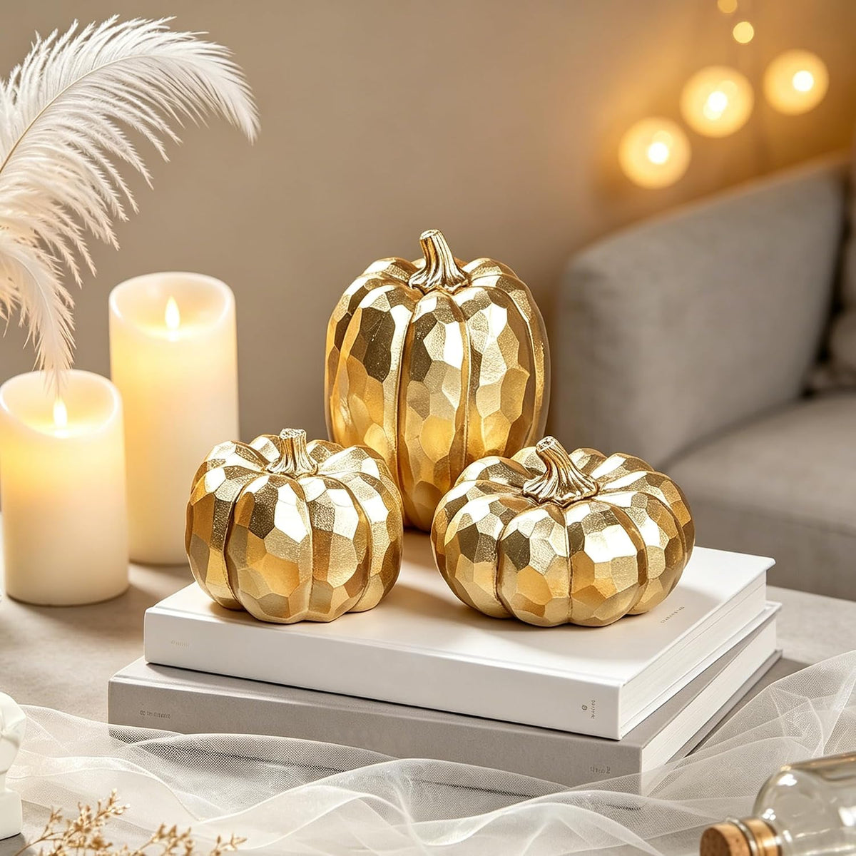 3-Pack Gold Fall Pumpkin Decor - Elegant Table Centerpieces for Autumn Home Styling