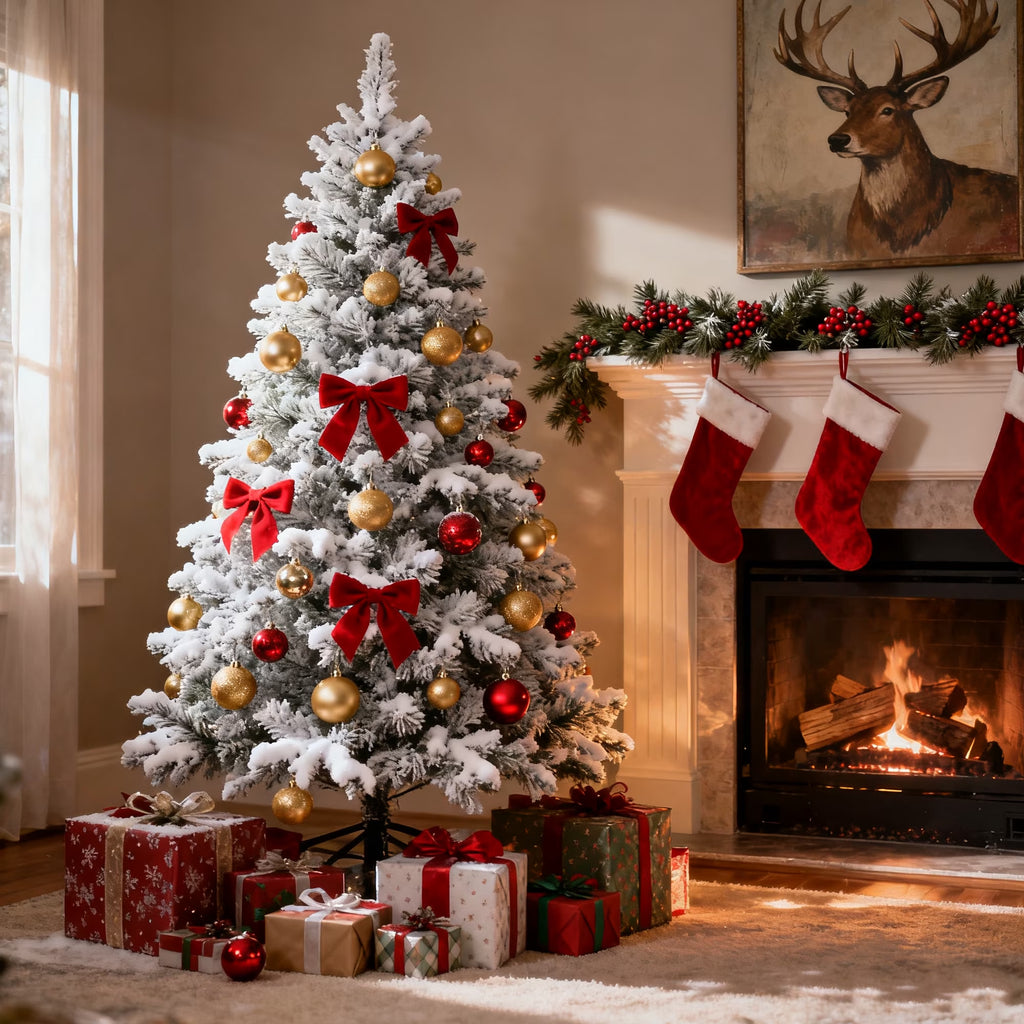 7.5Ft Artificial Christmas Tree, Snow Flocked Christmas Pine Tree, with 450 Warm White Lights, 1200 White Tips Branch, Metal Stand for Xmas Holiday, Indoor and Outdoor Decor
