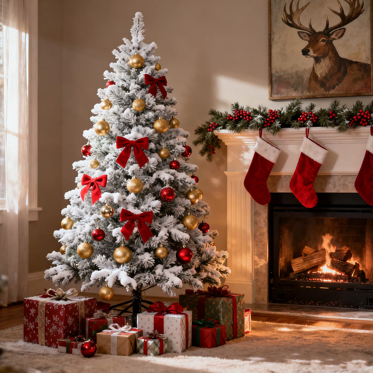 7.5Ft Artificial Christmas Tree, Snow Flocked Christmas Pine Tree, with 450 Warm White Lights, 1200 White Tips Branch, Metal Stand for Xmas Holiday, Indoor and Outdoor Decor