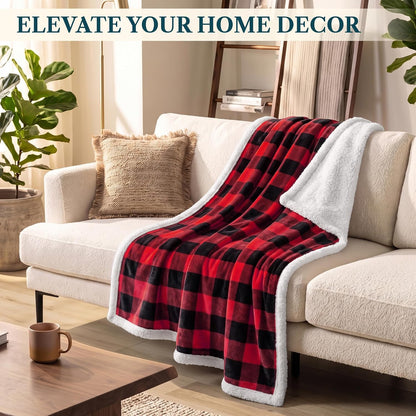 Checkered Sherpa Throw Blanket Couch Sofa Bed, Red Black, 50X60