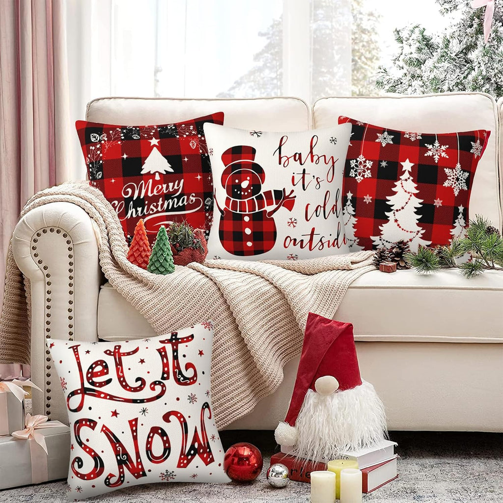 4Pcs Red Christmas Pillow Covers, 18 X 18 Inch Winter Holidays Christmas Cushion Cover Decoration for Sofa, Christmas Decorations Winter Holiday Decorations for Home Couch