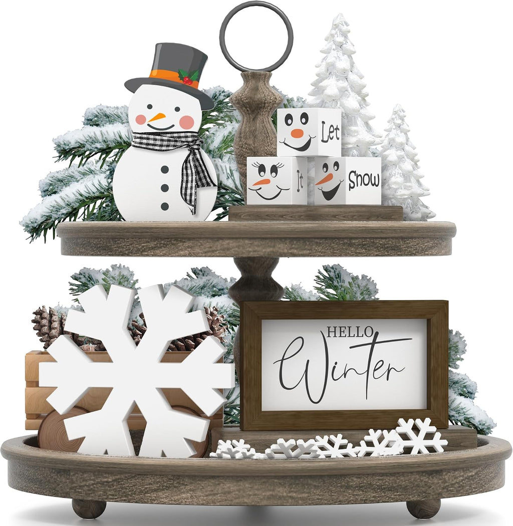 Christmas/Winter Tiered Tray Decor, 6 Pcs Hello Winter Snowflake Snowman Table Signs Let It Snow Wooden Signs for Home Kitchen Office