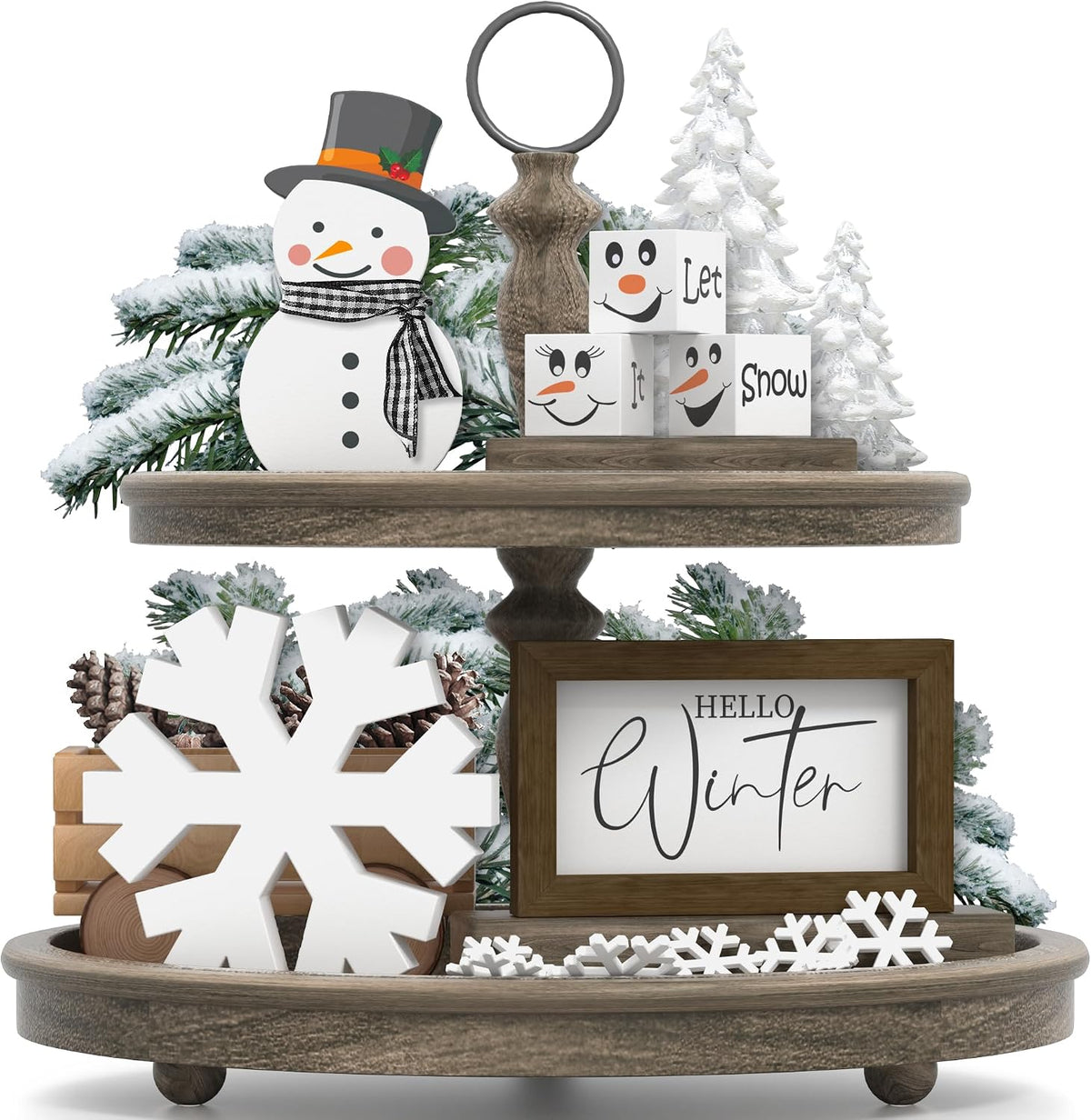 Christmas/Winter Tiered Tray Decor, 6 Pcs Hello Winter Snowflake Snowman Table Signs Let It Snow Wooden Signs for Home Kitchen Office