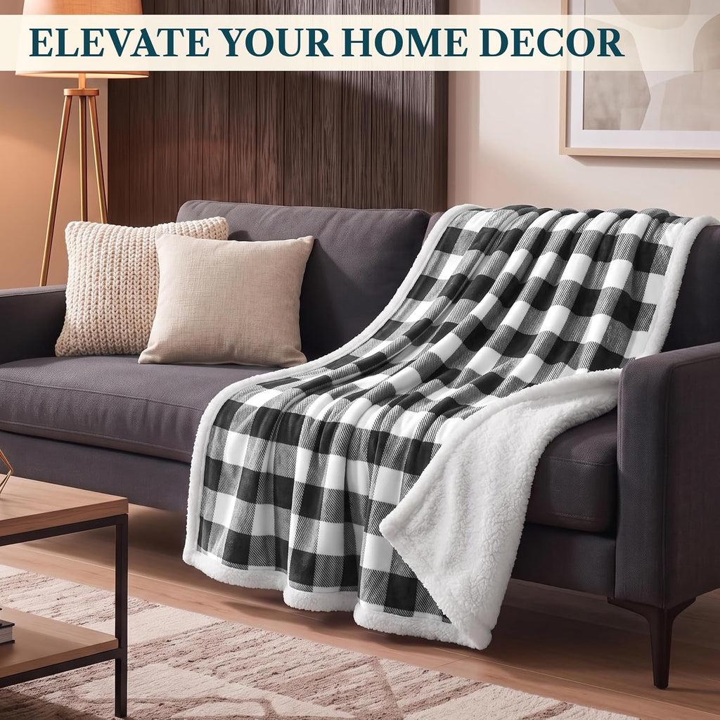 Checkered Sherpa Throw Blanket Couch Sofa Bed, Black White, 50X60