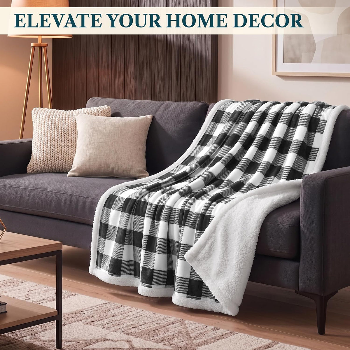 Checkered Sherpa Throw Blanket Couch Sofa Bed, Black White, 50X60