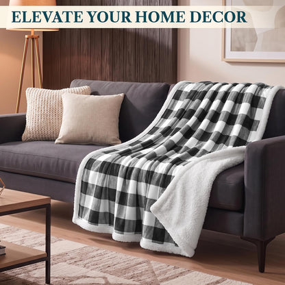 Checkered Sherpa Throw Blanket Couch Sofa Bed, Black White, 50X60