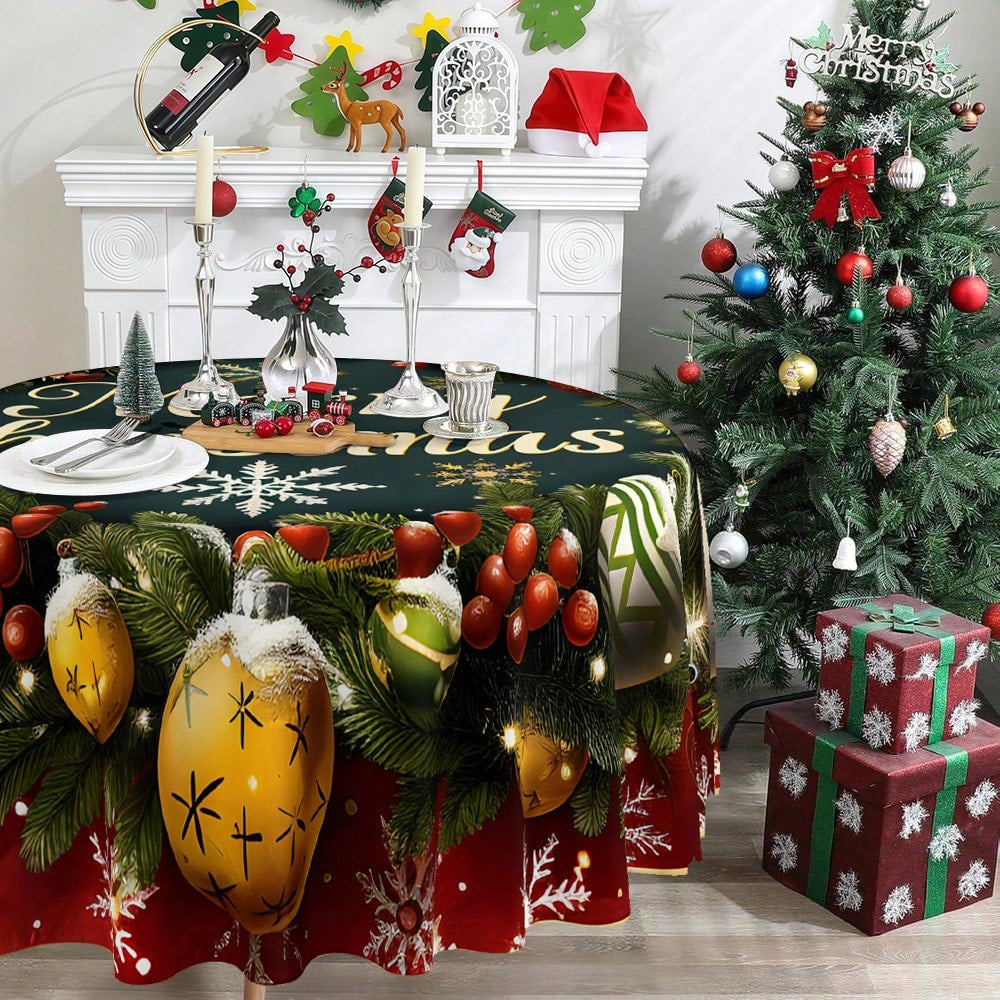 Christmas Wreath round Tablecloth Merry Christmas round Tablecloth 60 Inches Winter Christmas Home Decor round Tablecloth Red Berry Pine Branch Christmas Ball Decorative Tablecovers
