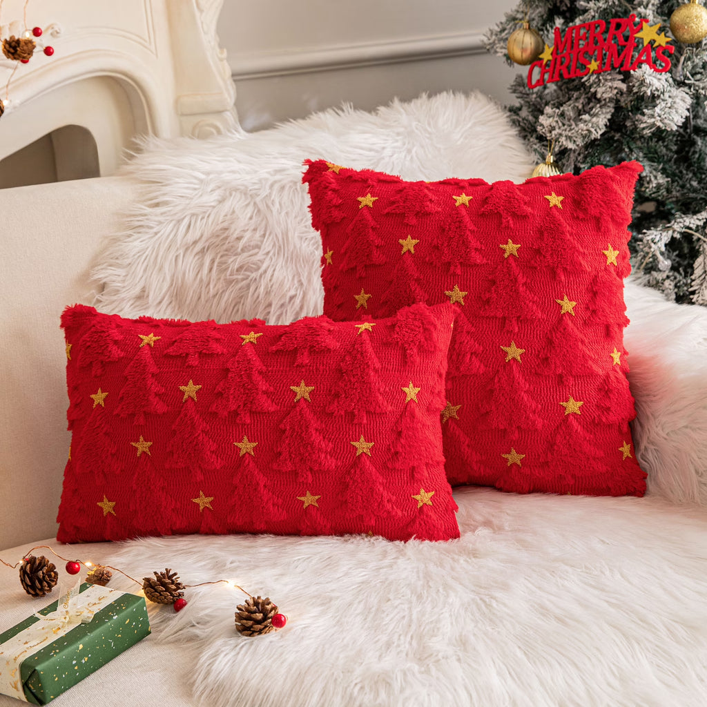 Christmas Tree Throw Pillow Covers Set of 2, Snowflake Faux Fur Throw Pillows for Couch, Winter Holiday Decorations, Farmhouse Soft Plush Pillowcases