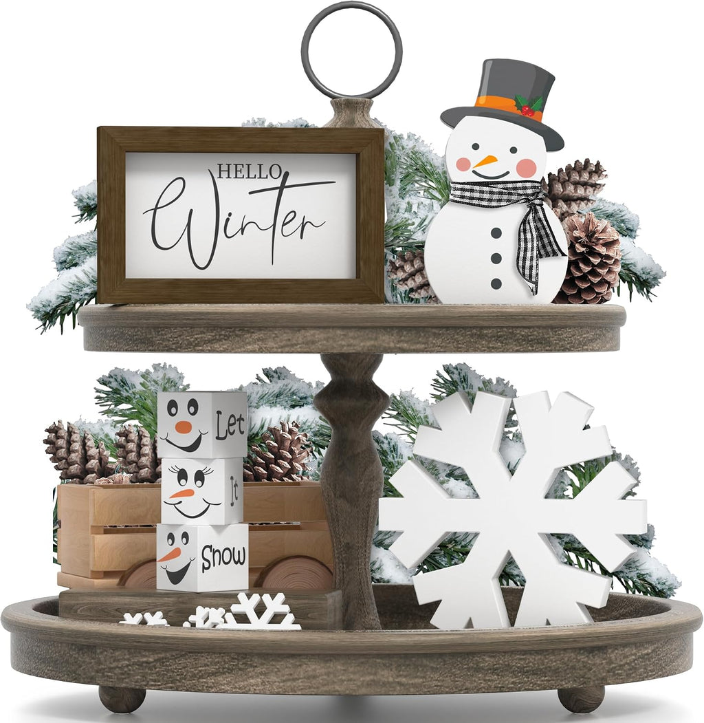 Christmas/Winter Tiered Tray Decor, 6 Pcs Hello Winter Snowflake Snowman Table Signs Let It Snow Wooden Signs for Home Kitchen Office