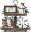 Christmas/Winter Tiered Tray Decor, 6 Pcs Hello Winter Snowflake Snowman Table Signs Let It Snow Wooden Signs for Home Kitchen Office