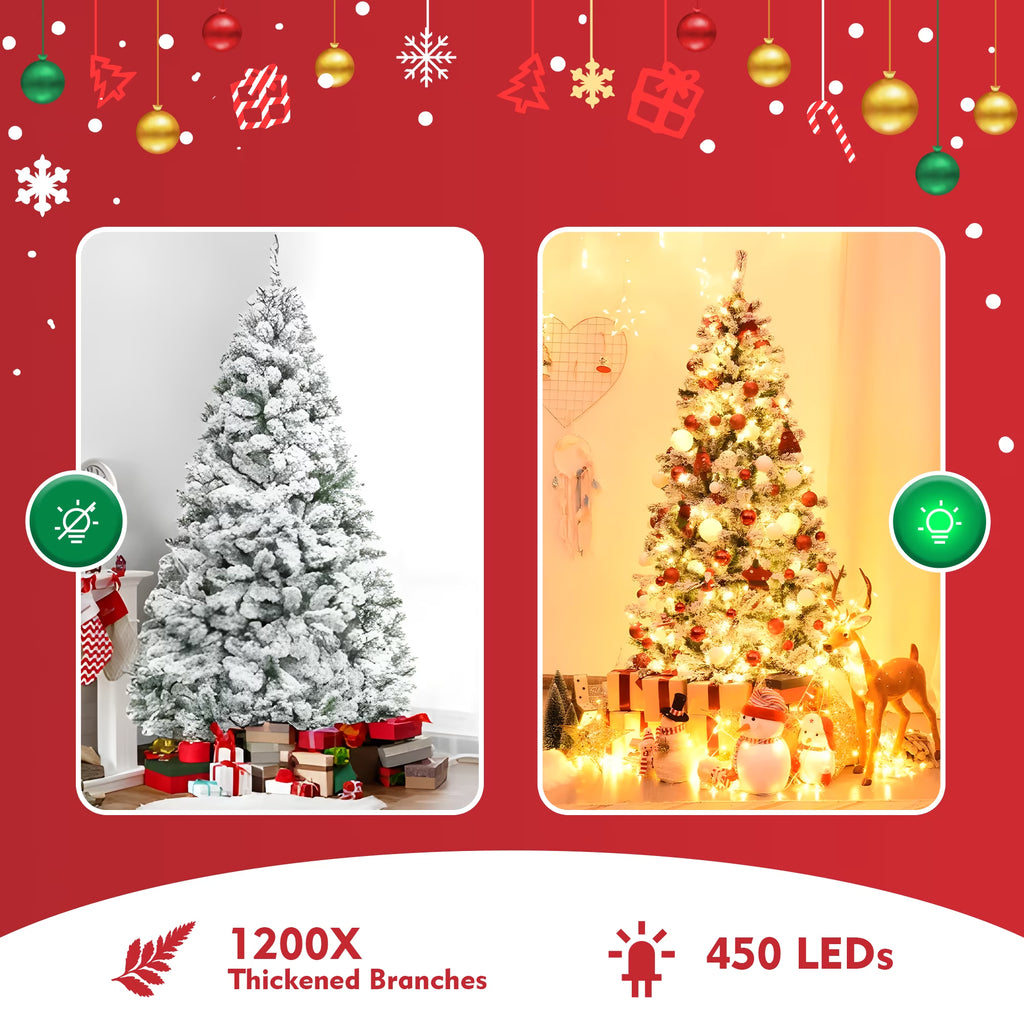 7.5Ft Artificial Christmas Tree, Snow Flocked Christmas Pine Tree, with 450 Warm White Lights, 1200 White Tips Branch, Metal Stand for Xmas Holiday, Indoor and Outdoor Decor