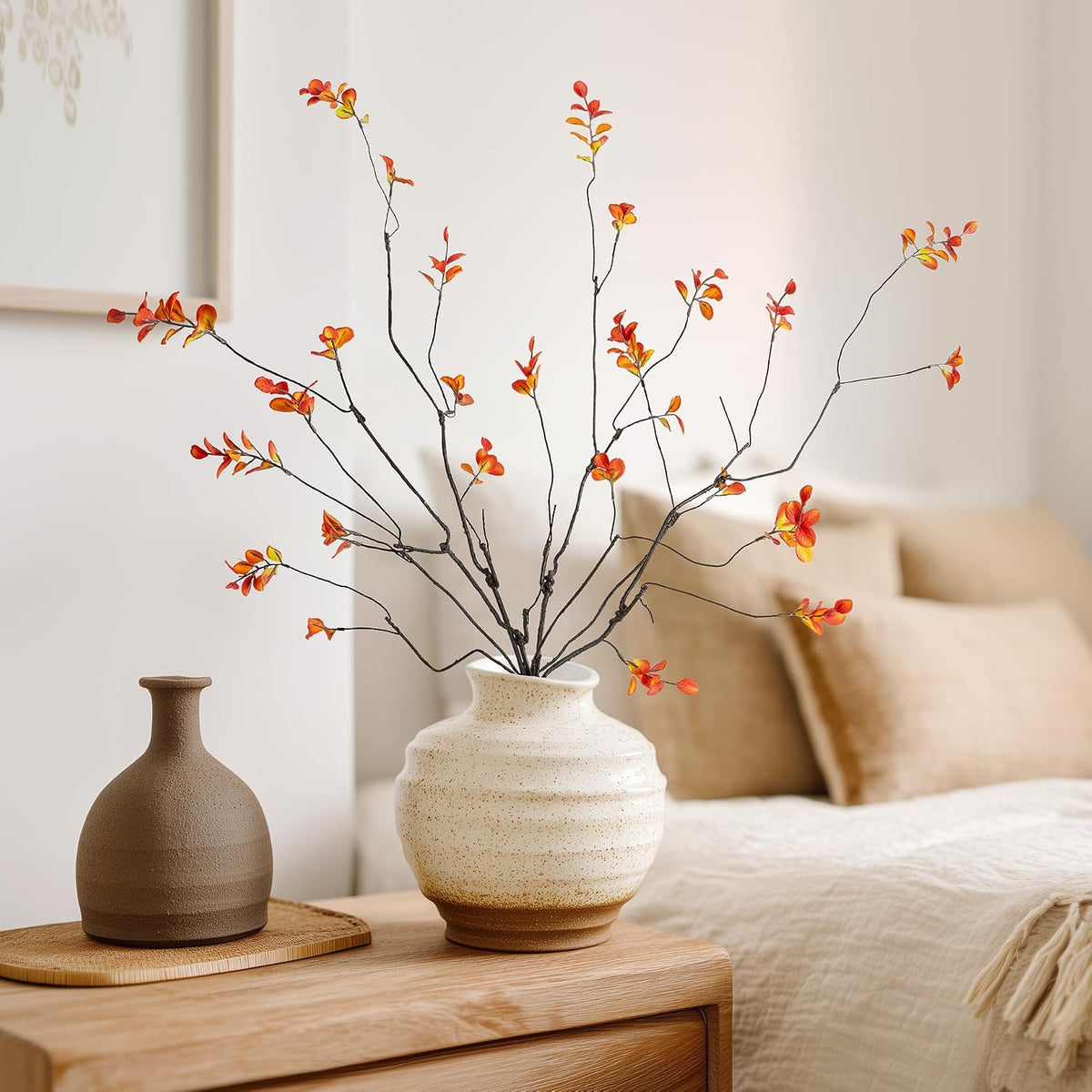 4 Pcs Fall Stems for Vases, 35.4 Inch Artificial Ficus Branches, Faux Eucalyptus Stems and Fake Fall Leaves for Autumn Table Centerpiece Home Decor, Orange, Vase Not Included