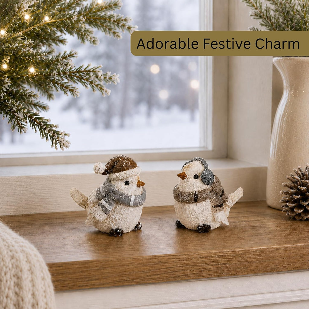 Wintry White Resin Bird Figurines - Set of 2 Snowy Birds