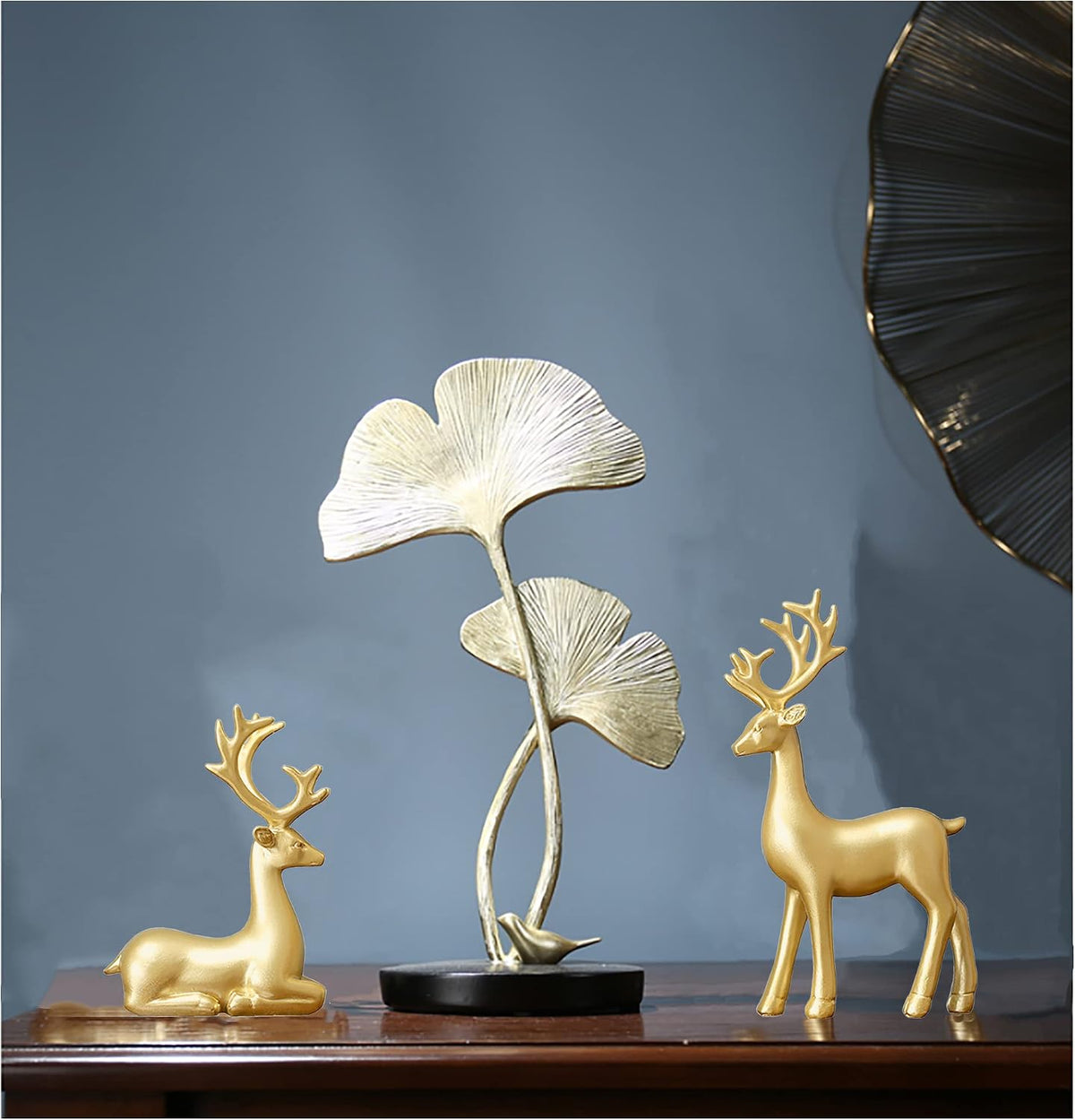 Small Reindeer Sculpture, Gold Resin Christmas Elk Set of 2