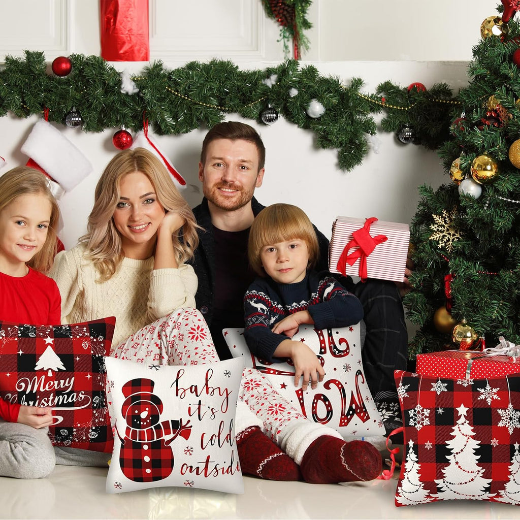 4Pcs Red Christmas Pillow Covers, 18 X 18 Inch Winter Holidays Christmas Cushion Cover Decoration for Sofa, Christmas Decorations Winter Holiday Decorations for Home Couch