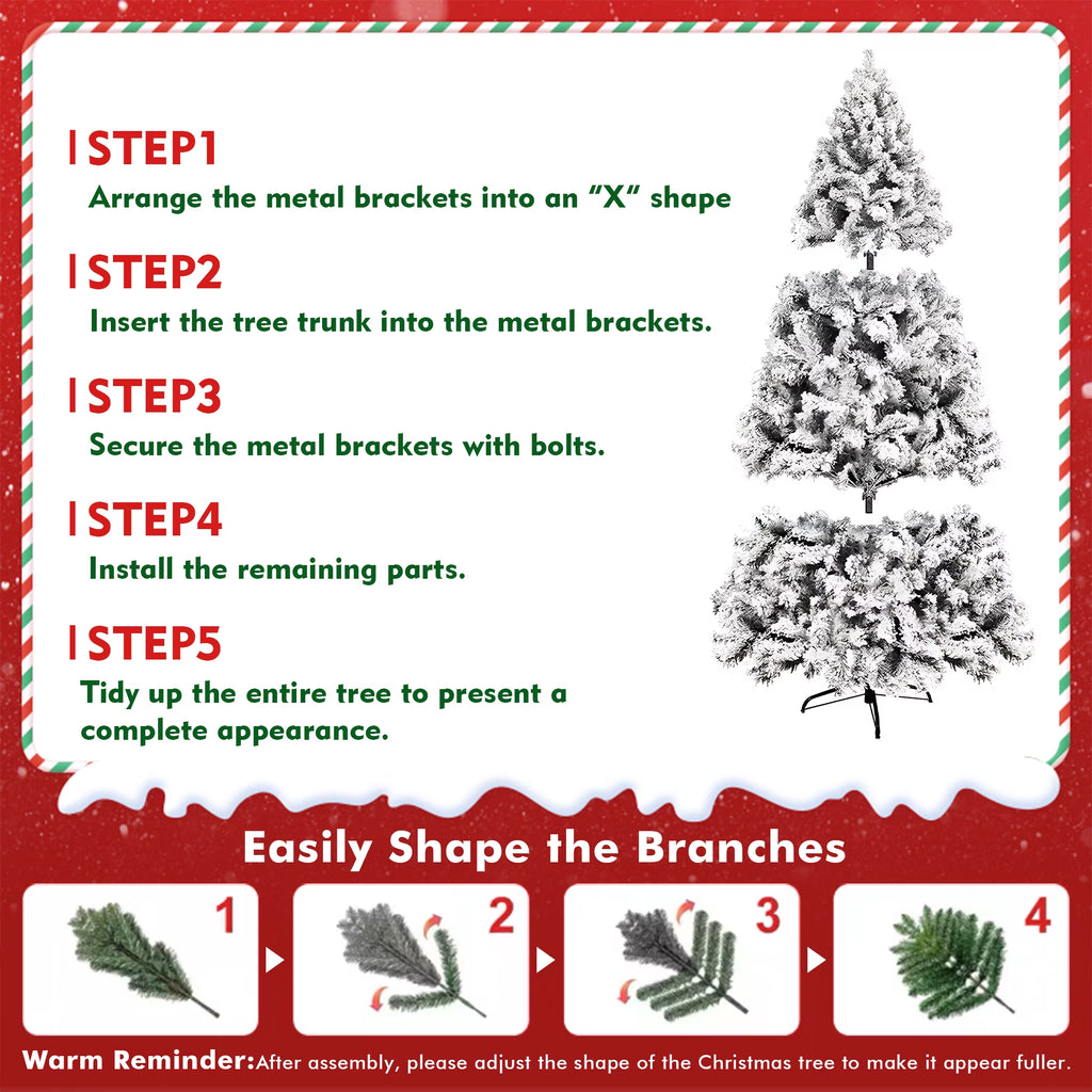 7.5Ft Artificial Christmas Tree, Snow Flocked Christmas Pine Tree, with 450 Warm White Lights, 1200 White Tips Branch, Metal Stand for Xmas Holiday, Indoor and Outdoor Decor