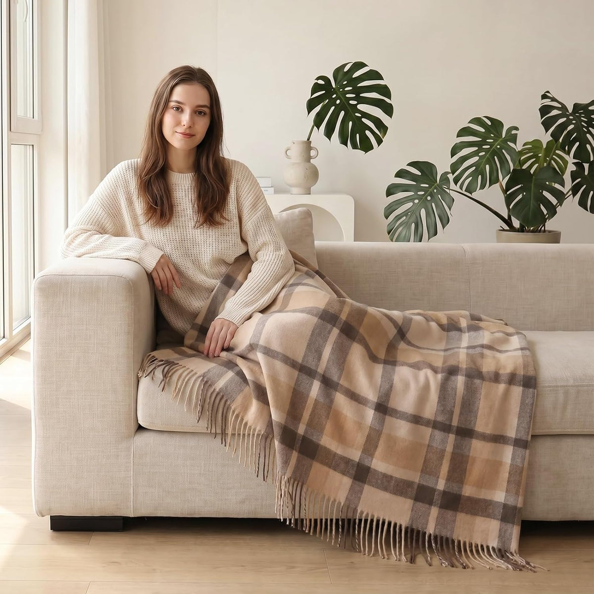 Pure Wool Throw Blanket Plaid Tartan Blankets 55X83 Inch,1.5Lb