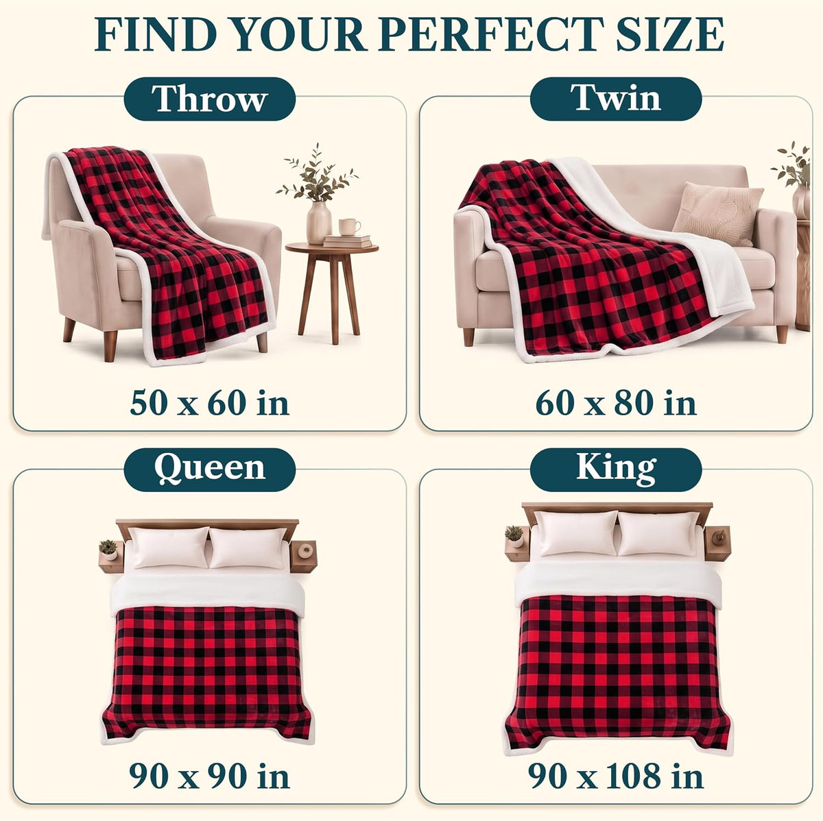 Checkered Sherpa Throw Blanket Couch Sofa Bed, Red Black, 50X60