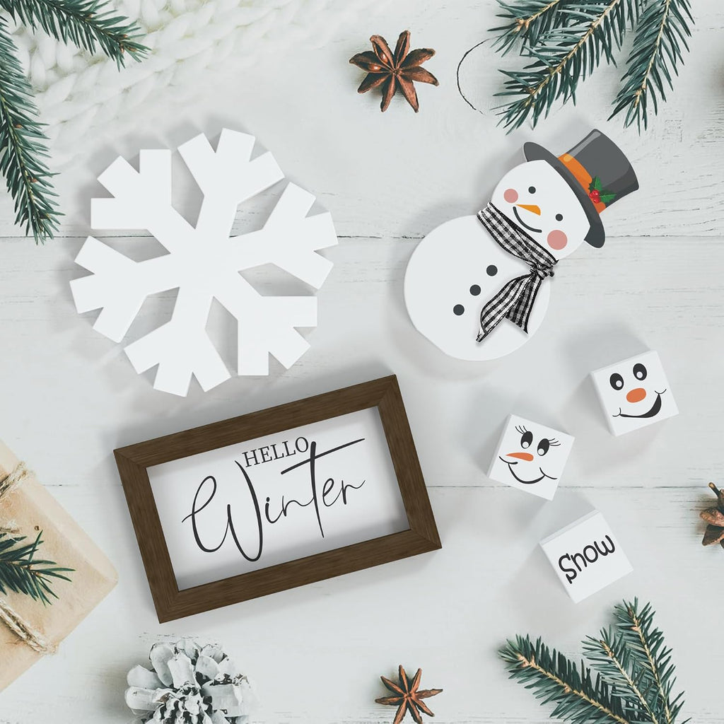 Christmas/Winter Tiered Tray Decor, 6 Pcs Hello Winter Snowflake Snowman Table Signs Let It Snow Wooden Signs for Home Kitchen Office