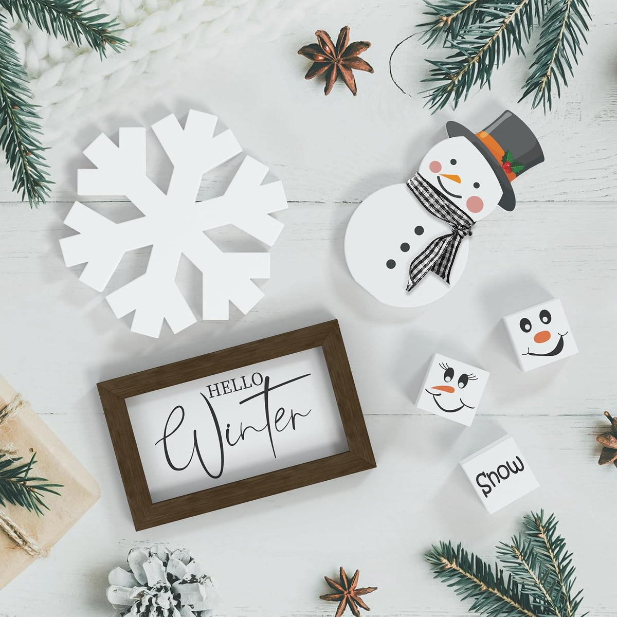 Christmas/Winter Tiered Tray Decor, 6 Pcs Hello Winter Snowflake Snowman Table Signs Let It Snow Wooden Signs for Home Kitchen Office