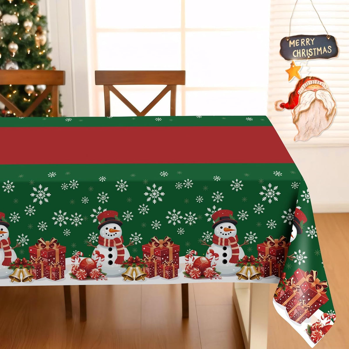 2 Pack Christmas Tablecloth,Disposable Plastic Tablecloth 54" X 108" Christmas Decorations Xmas Party Supply,Snowman Green Table Cloth,Plastic Table Cover for Indoor,Outside,Home,Dinner,Party