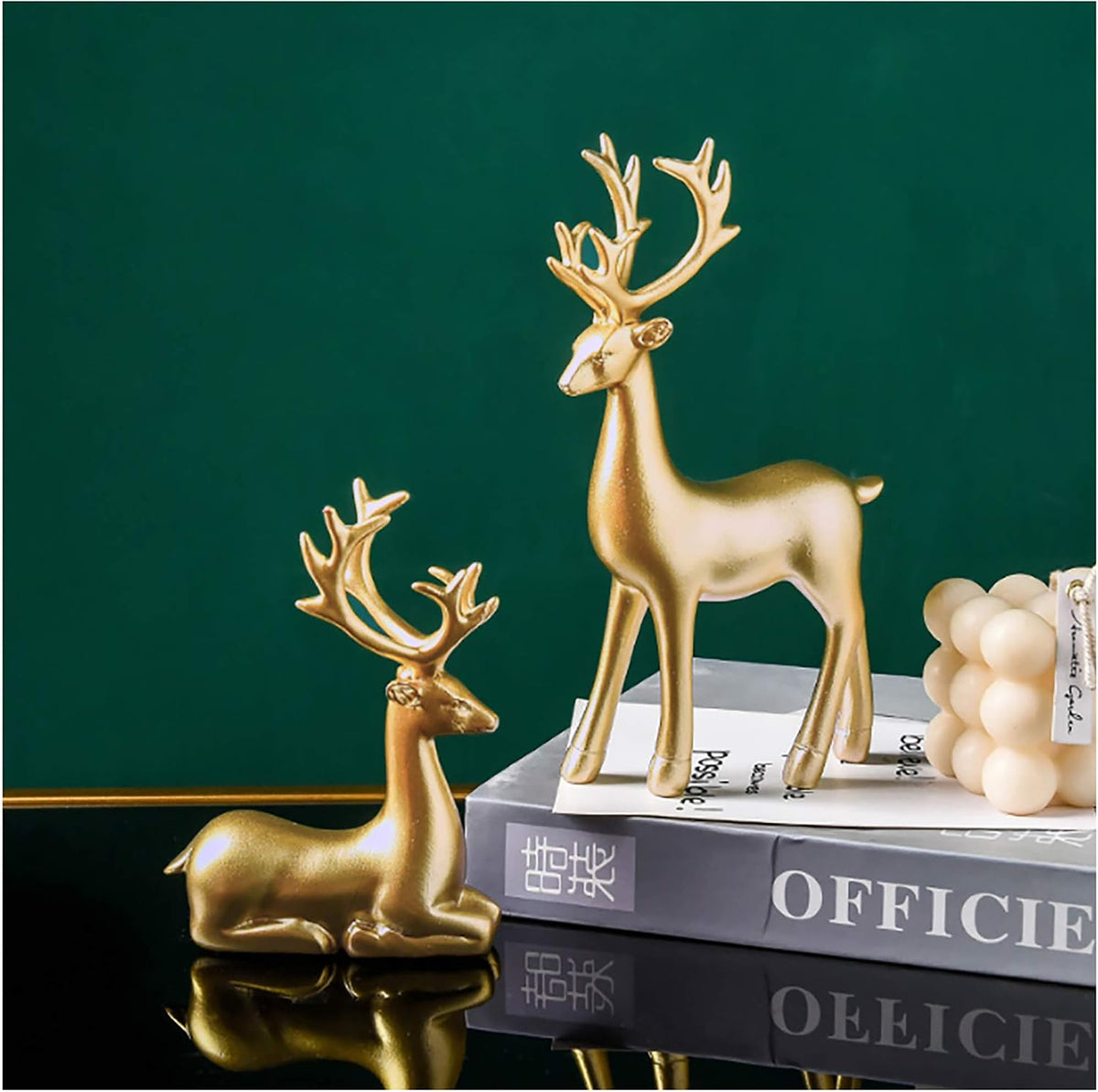 Small Reindeer Sculpture, Gold Resin Christmas Elk Set of 2