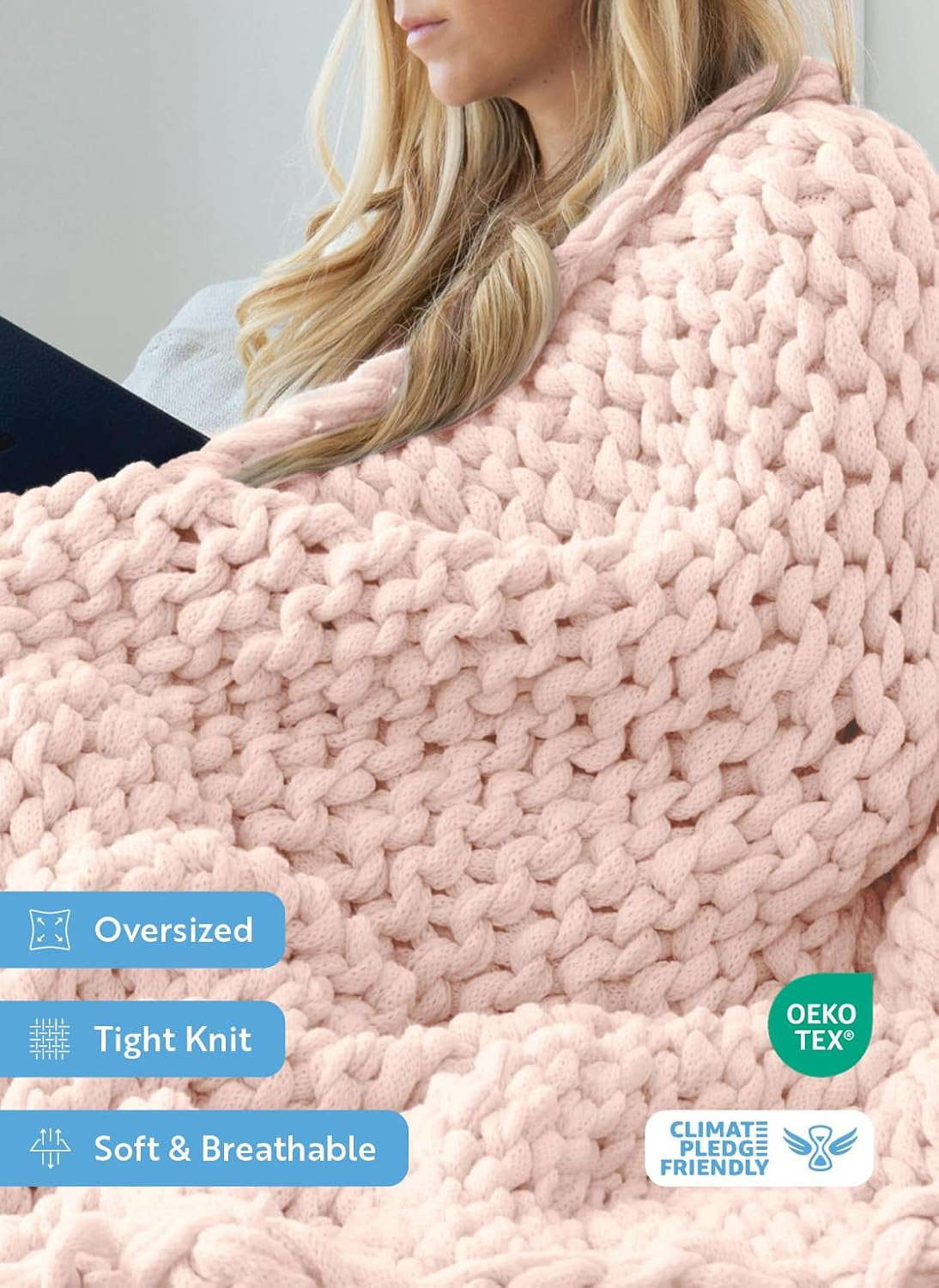 Beddings Oversized Chunky Knit Throw Blanket Acrylic Hypoallergenic - 47'' X 59'' Cozy Home Accent for Snuggling, Lounging, and Stylish Décor (Blush)
