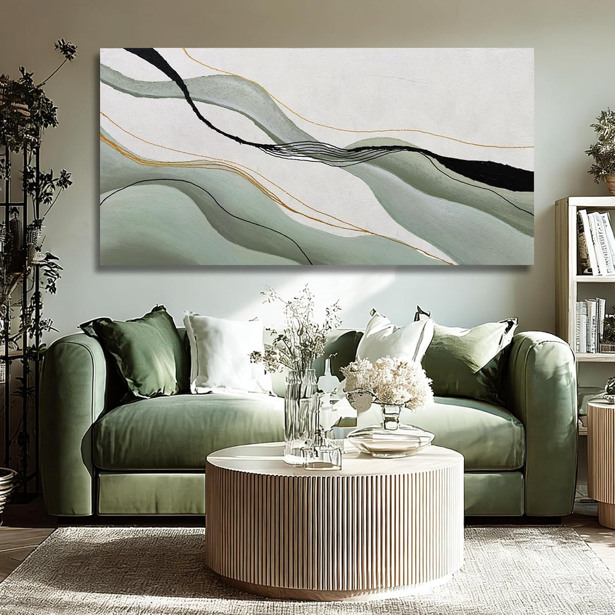 Green White Black Abstract Canvas Wall Art, Large Abstract Wall Decor for Living Room, Modern Wall Art Print for Bedroom Office, 24X48 Inch