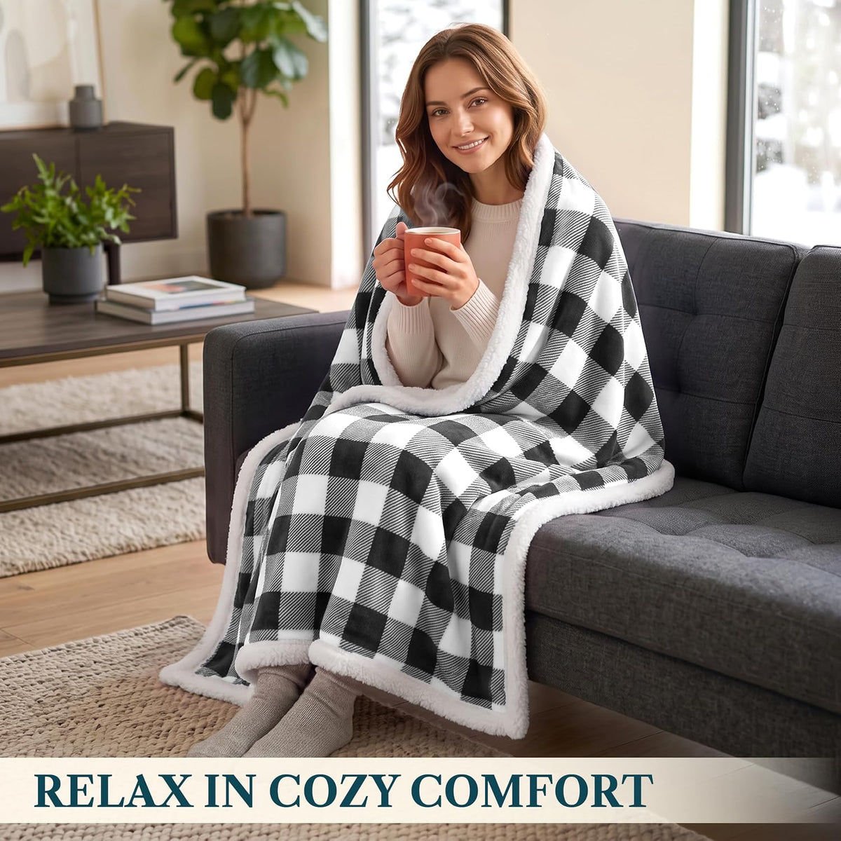 Checkered Sherpa Throw Blanket Couch Sofa Bed, Black White, 50X60