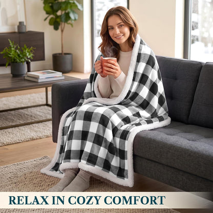 Checkered Sherpa Throw Blanket Couch Sofa Bed, Black White, 50X60