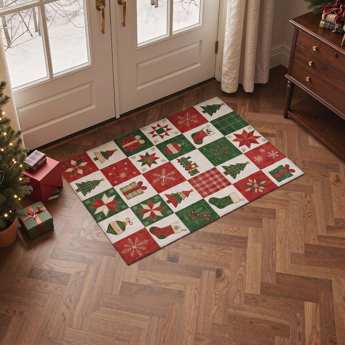 2X3 Christmas Rug for Entryway, Antique Red Mat Washable Non Slip
