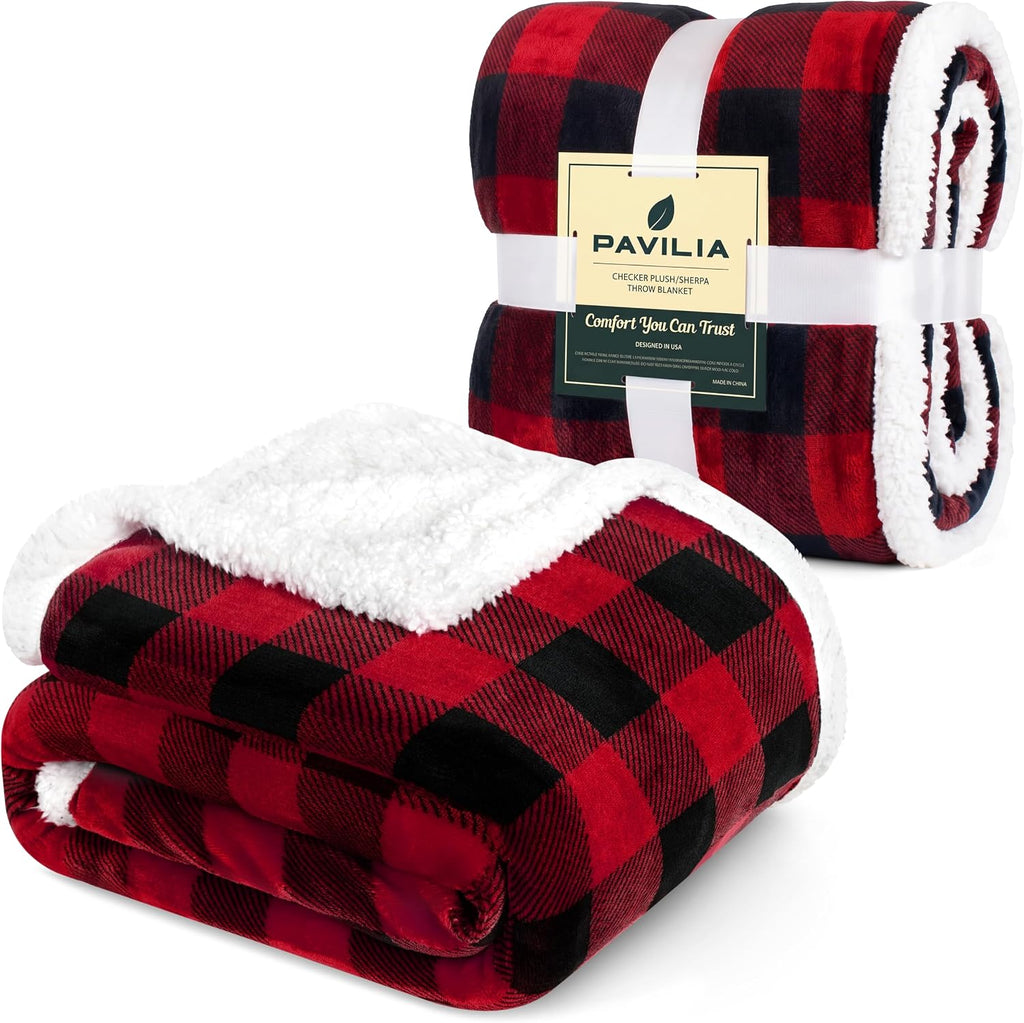 Checkered Sherpa Throw Blanket Couch Sofa Bed, Red Black, 50X60