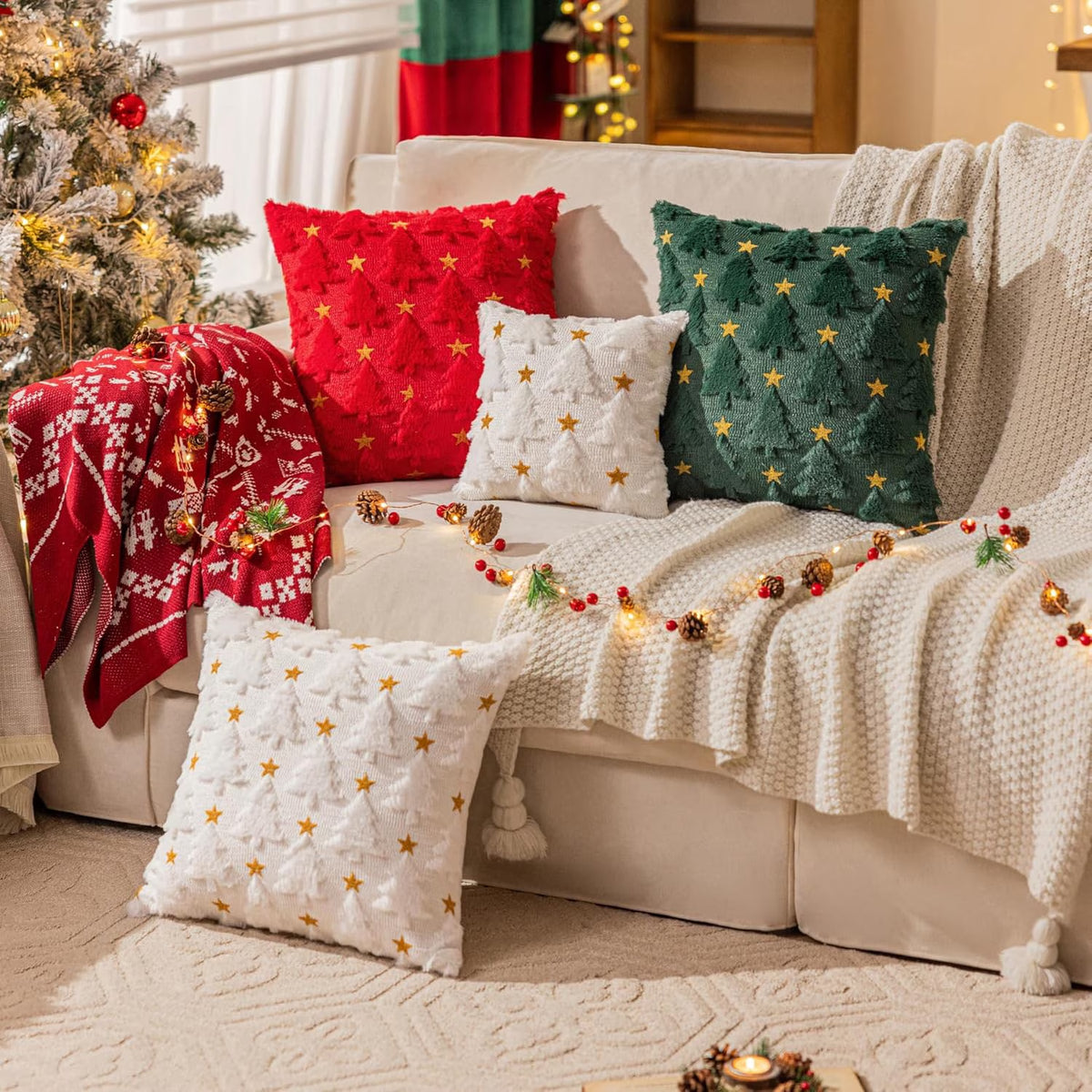 Christmas Tree Throw Pillow Covers Set of 2, Snowflake Faux Fur Throw Pillows for Couch, Winter Holiday Decorations, Farmhouse Soft Plush Pillowcases
