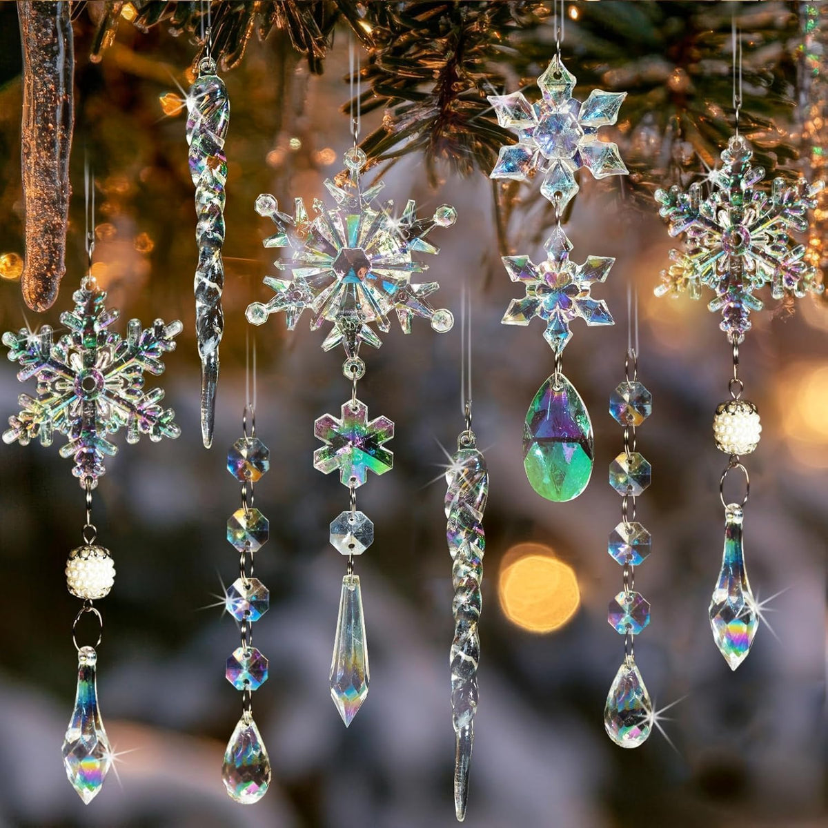 Crystal Christmas Tree Ornaments, 18Pcs Iridescent Acrylic Snowflake Icicle