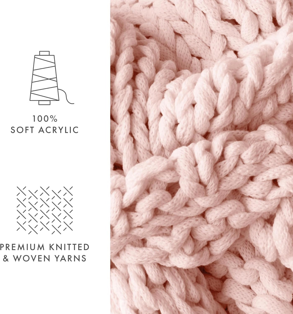 Beddings Oversized Chunky Knit Throw Blanket Acrylic Hypoallergenic - 47'' X 59'' Cozy Home Accent for Snuggling, Lounging, and Stylish Décor (Blush)