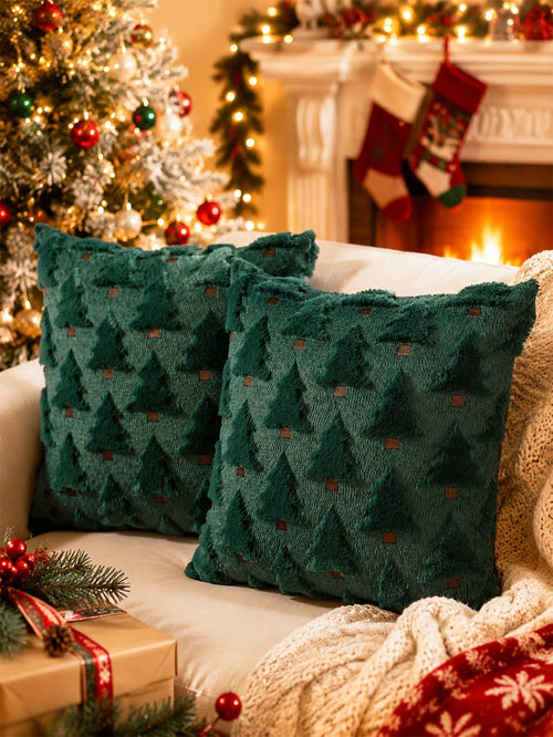 1/2Pcs Christmas Pillowcases, 18X18 Inches, Beige Christmas Tree Pattern, Soft Faux Fur Sherpa Pillowcases, Winter Holiday Decorations for Sofa Living Rooms