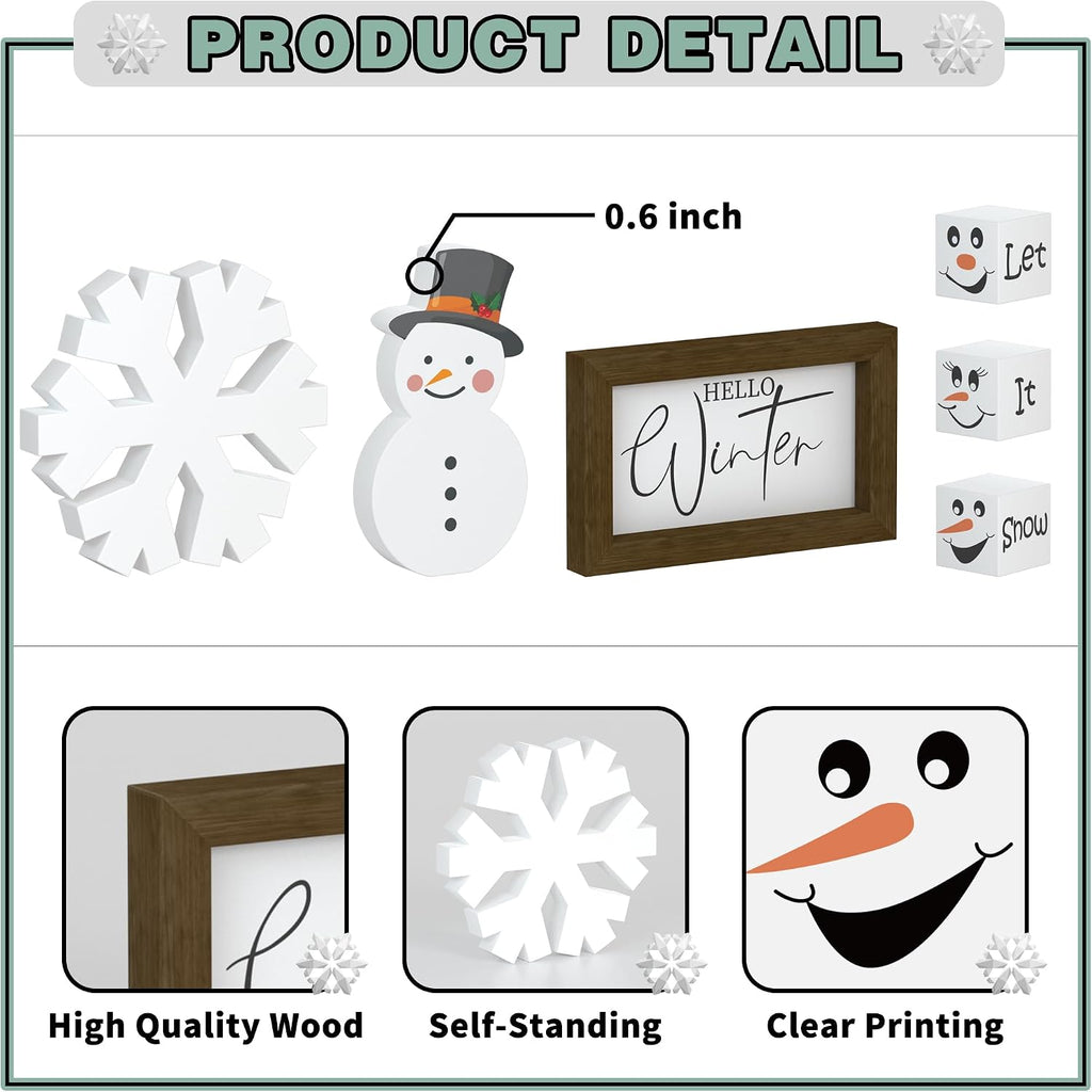 Christmas/Winter Tiered Tray Decor, 6 Pcs Hello Winter Snowflake Snowman Table Signs Let It Snow Wooden Signs for Home Kitchen Office