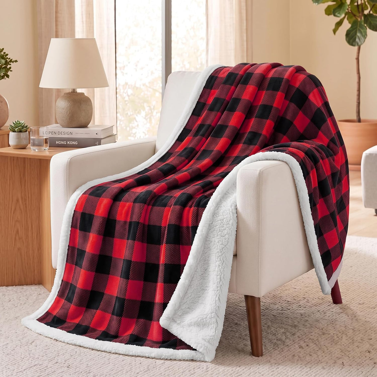 Checkered Sherpa Throw Blanket Couch Sofa Bed, Red Black, 50X60