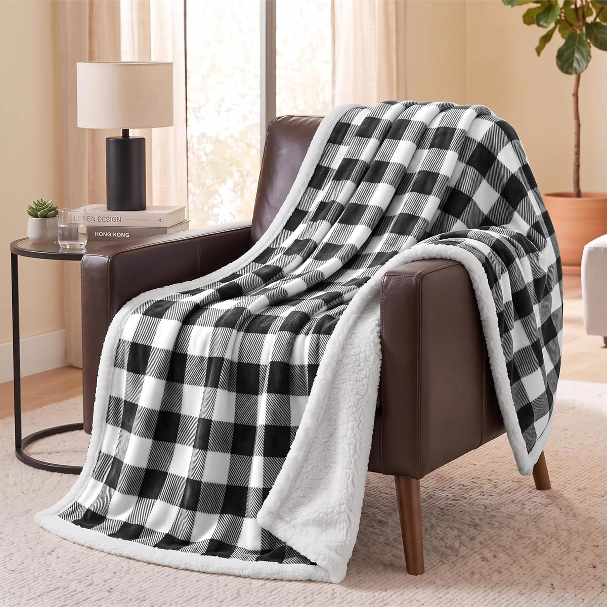 Checkered Sherpa Throw Blanket Couch Sofa Bed, Black White, 50X60