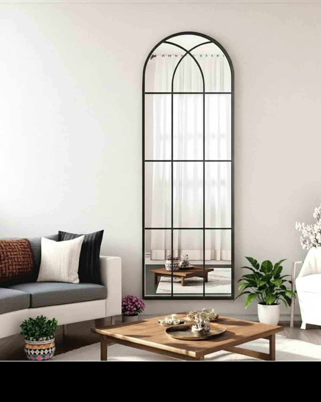 Arched Full Body Mirror 56" X 22"Black Window Wall Mirror