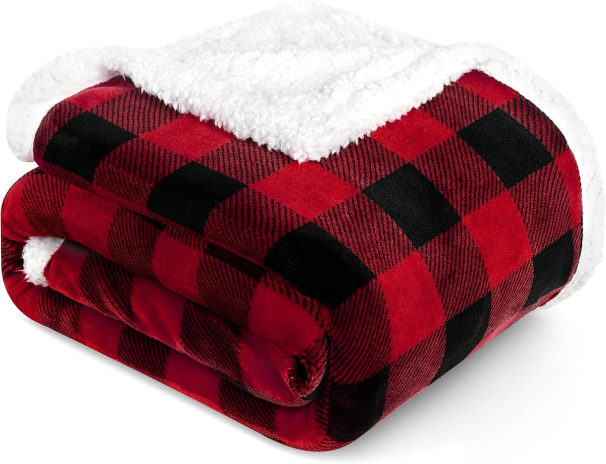 Checkered Sherpa Throw Blanket Couch Sofa Bed, Red Black, 50X60