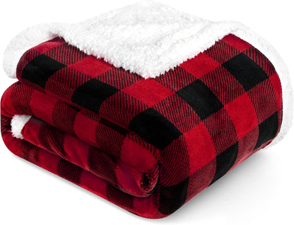Checkered Sherpa Throw Blanket Couch Sofa Bed, Red Black, 50X60