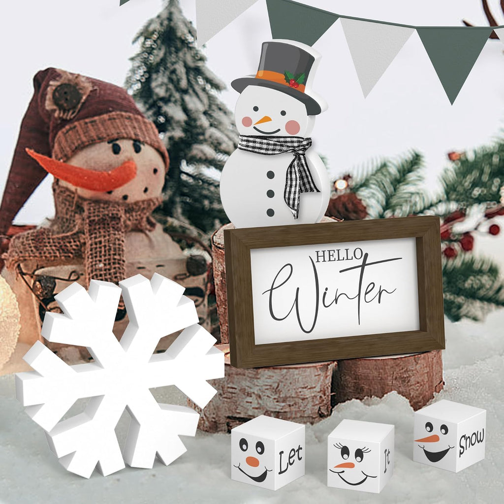 Christmas/Winter Tiered Tray Decor, 6 Pcs Hello Winter Snowflake Snowman Table Signs Let It Snow Wooden Signs for Home Kitchen Office