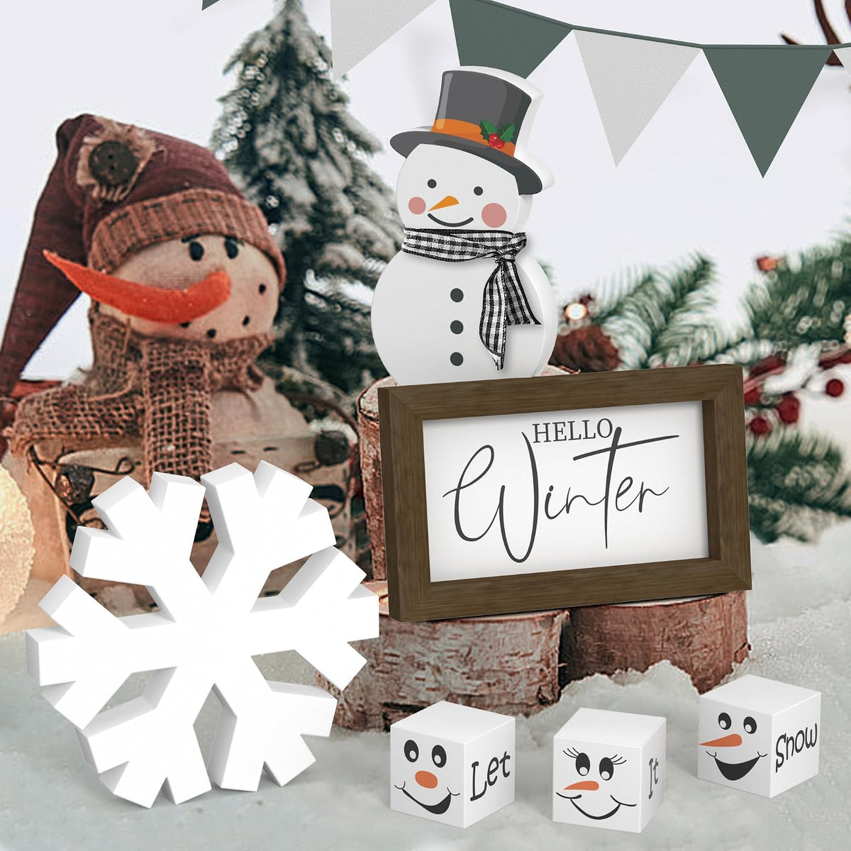 Christmas/Winter Tiered Tray Decor, 6 Pcs Hello Winter Snowflake Snowman Table Signs Let It Snow Wooden Signs for Home Kitchen Office