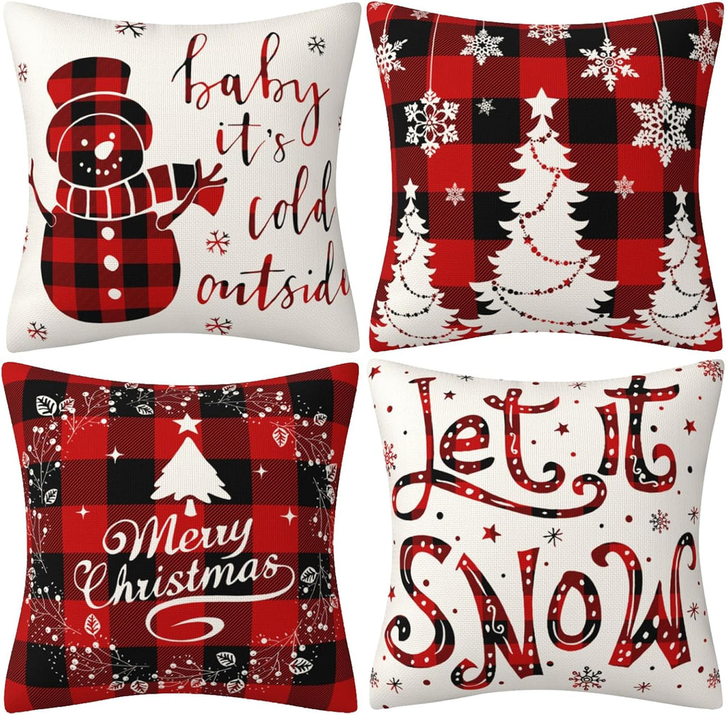 4Pcs Red Christmas Pillow Covers, 18 X 18 Inch Winter Holidays Christmas Cushion Cover Decoration for Sofa, Christmas Decorations Winter Holiday Decorations for Home Couch
