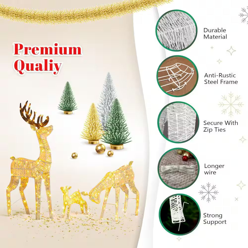 60 In. LED Metal Deer Family with 280 LED Warm White Lights Christmas Yard Decoration